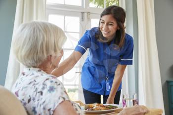 Care nurse serving dinner to a senior woman at home