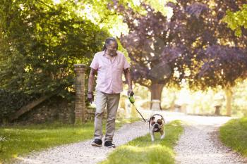 Senior Man Walking With Pet Bulldog In Countryside