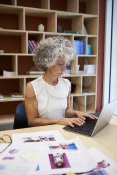 Senior businesswoman working on laptop in office, vertical