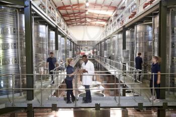 Two staff talking on gangway in a modern winemaking factory