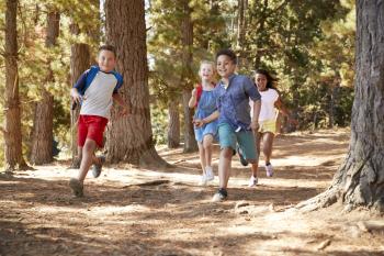 Children Running Along Forest Trail On Hiking Adventure