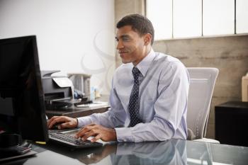 Mixed race businessman using computer in an office