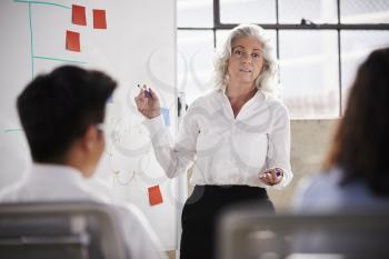 Senior businesswoman using whiteboard in meeting,  close up