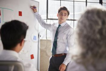 Young white businessman uses whiteboard in meeting, close up
