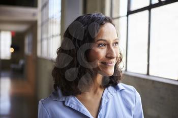 Smiling young mixed race businesswoman looking away