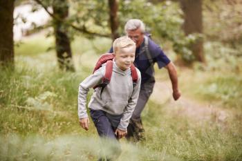 Close up of pre-teen boy hiking with his grandfather in a forest, selective focus
