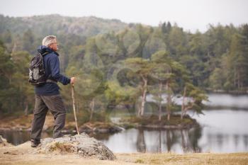 Middle aged man standing on a rock admiring the view of a lake, side view, Lake District, UK