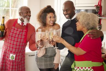 Multi-ethnic adult family embrace and make a toast with champagne to celebrate on Christmas Day while preparing dinner together in the kitchen, close up
