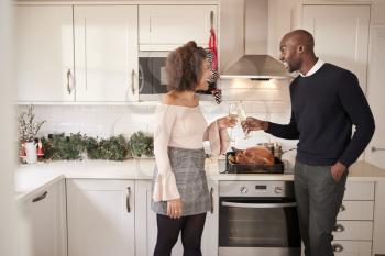 Young adult mixed race couple make a toast with champagne in their kitchen while preparing Christmas dinner, side view