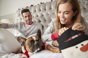 Couple In Bed At Home With Dog Dressed In Santa Costume Opening Gifts On Christmas Day