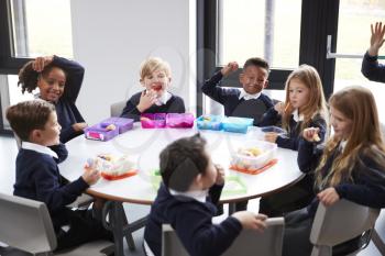 Elevated view of primary school kids sitting together at a round table eating their packed lunches