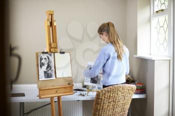 Female Teenage Artist Preparing To Draw Picture Of Dog From Photograph
