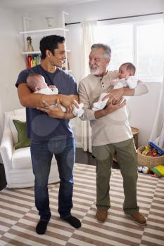 Young Hispanic man and his senior father holding his two baby boys at home, vertical