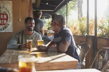 Two Male Friends Meeting In Sports Bar Enjoying Drink Before Game
