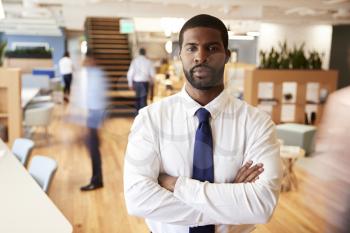 Portrait Of Businessman In Busy Modern Office With Blurred Colleagues Working In Background