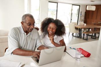 Smiling teenage black girl sitting at home helping her grandfather use a laptop computer