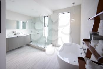 Modern domestic bathroom with shower cabin and freestanding bath, sunlight, no people