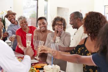 Three generation black family raising glasses of champagne during a celebration at home, close up