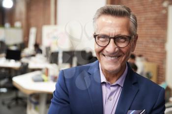 Portrait Of Mature Businessman In Modern Open Plan Office With Business Team Working In Background