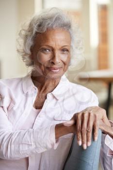 Portrait Of Smiling Senior Woman Relaxing On Sofa At Home
