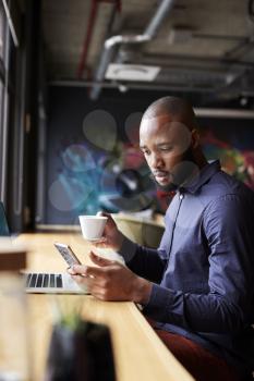 Mid adult black male creative sitting by window having coffee using smartphone, side view, vertical