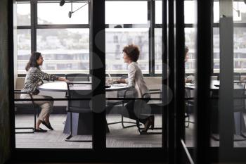 Two millennial businesswomen meeting for a job interview, full length, seen through glass wall