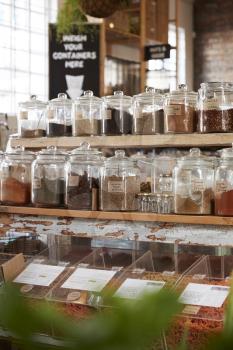 Display Of Spices In Sustainable Plastic Packaging Free Grocery Store
