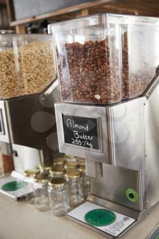 Dispensers For Almond Butter In Sustainable Plastic Free Grocery Store