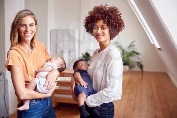 Portrait Of Two Mothers Meeting Holding Newborn Babies At Home In Loft Apartment