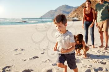 Happy young white family on holiday exploring a beach together, full length, close up