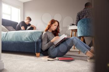 Group Of College Students In Shared House Bedroom Studying Together