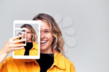 Composite Concept Image Showing Contrasting Emotions Of Woman Using Social Media With Digital Tablet