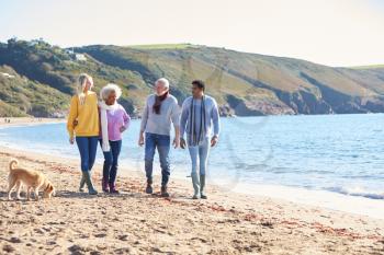 Senior Couple Hold Hands Walking Along Shoreline With Adult Offspring And Dog On Winter Beach Vacation