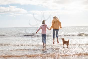 Mother And Daughter Playing With Pet Dog In Waves On Beach Vacation