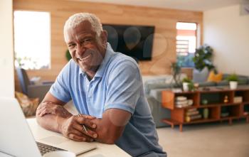 Portrait Of Senior African American Man Using Laptop To Check Finances At Home