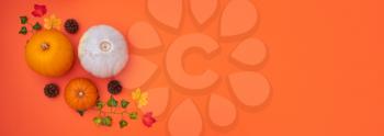 Overhead Flat Lay Autumn Banner Composed Of Pumpkins With Leaves And Pine Cones On Orange Background