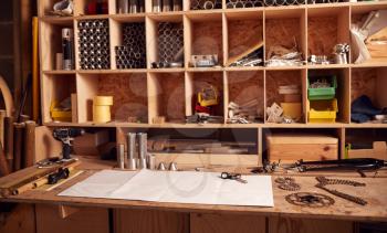 Designer Workbench With Components And Drawings For Hand Built  Bamboo Bicycle Frame