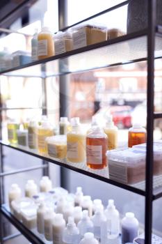 Display Of Beauty Products On Sale In Hairdressing Salon