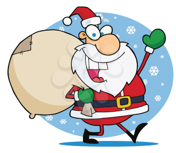 Royalty Free Clipart Image of Santa Carrying His Toy Sack And Waving 
