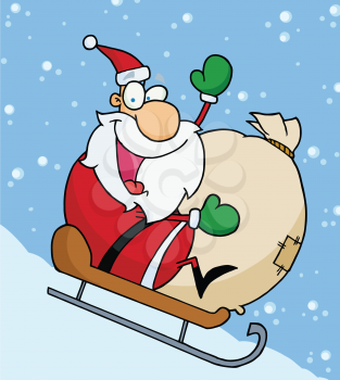 Royalty Free Clipart Image of Santa Sliding Downhill On A Sleigh 
