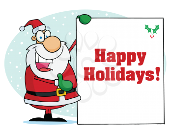 Royalty Free Clipart Image of Santa Holding A Happy Holidays Sign 

