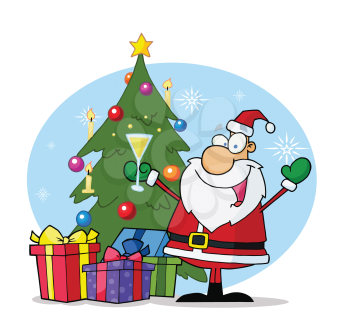 Royalty Free Clipart Image of Santa Raising A Glass Beside The Christmas Tree
