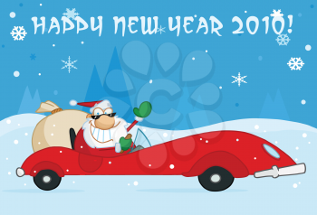 Royalty Free Clipart Image of Santa Driving In A Red Car

