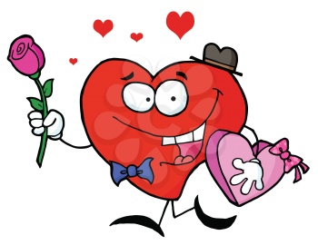 Royalty Free Clipart Image of a Heart With a Rose and a Box of Chocolates
