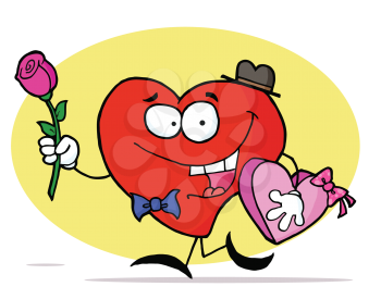 Royalty Free Clipart Image of a Heart With a Rose and Box of Chocolates