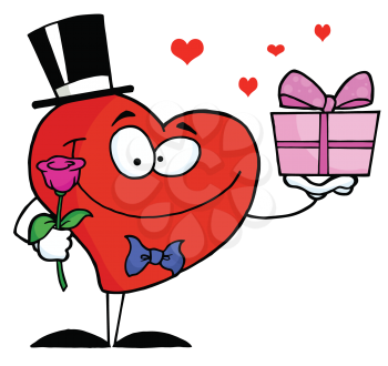 Royalty Free Clipart Image of a Heart With a Gift and a Rose
