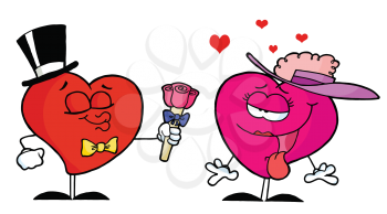 Royalty Free Clipart Image of a Male Heart Giving a Female Heart a Flower