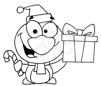 Royalty Free Clipart Image of a Penguin With a Candy Cane and Present