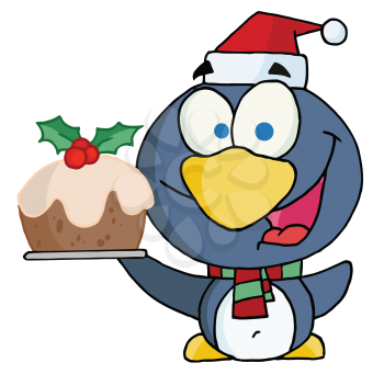 Royalty Free Clipart Image of a Penguin With a Christmas Pudding
