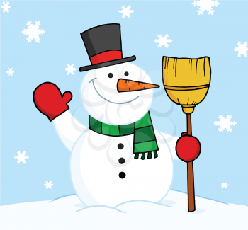 Royalty Free Clipart Image of a Waving Snowman With a Broom